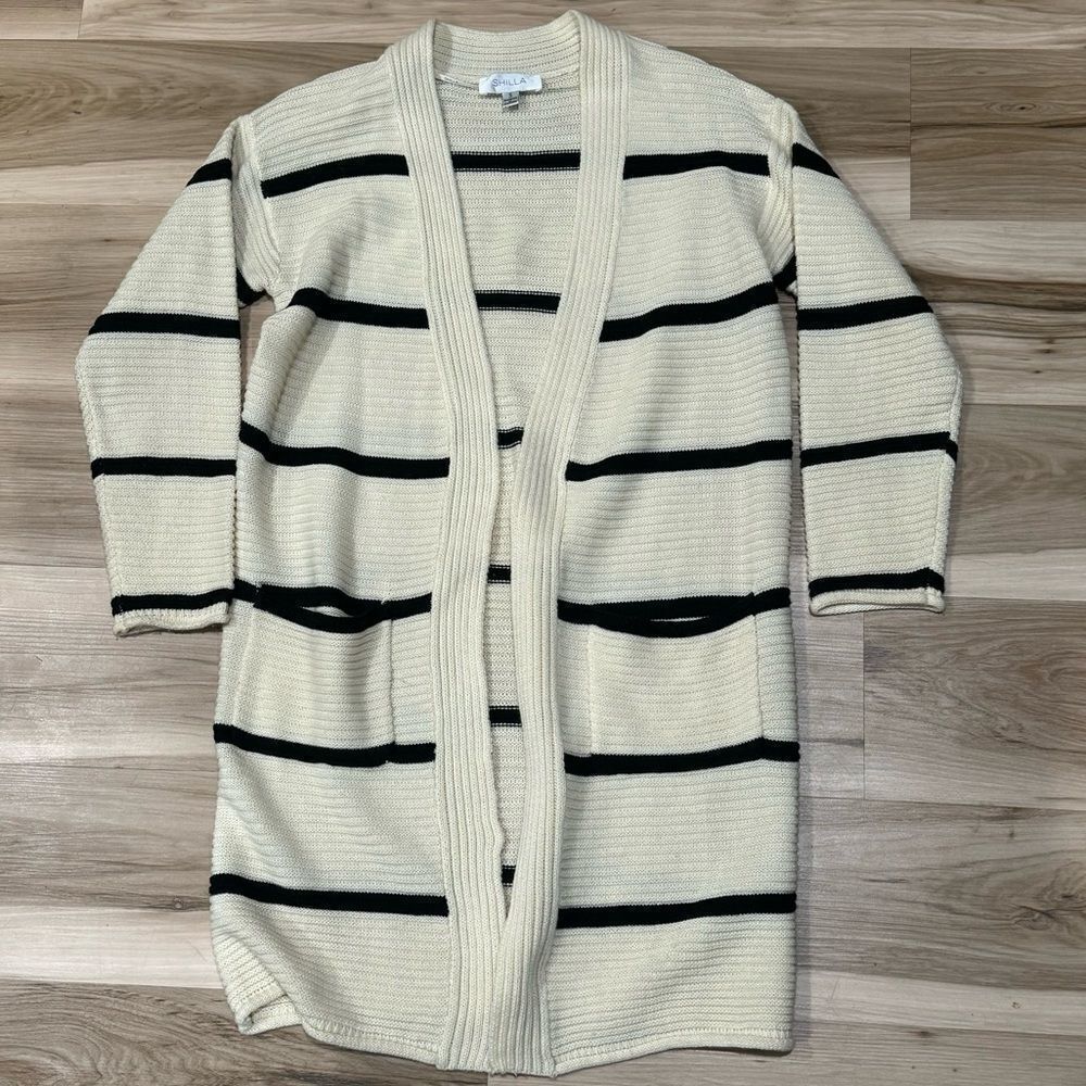 Shilla Striped Open Front Rib Knit Duster Cardigan Cream Black Women’s Small